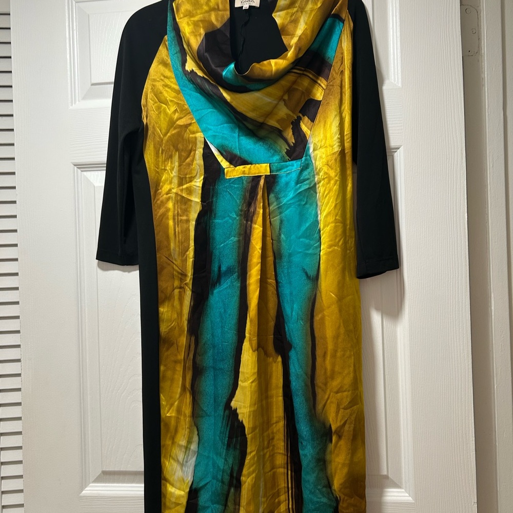 Gold and Blue Sheath Dress with Cowl Neck and 3/4 Sleeves